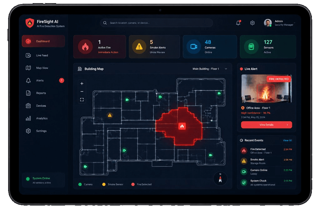 FireSight AI fire detection dashboard on a tablet