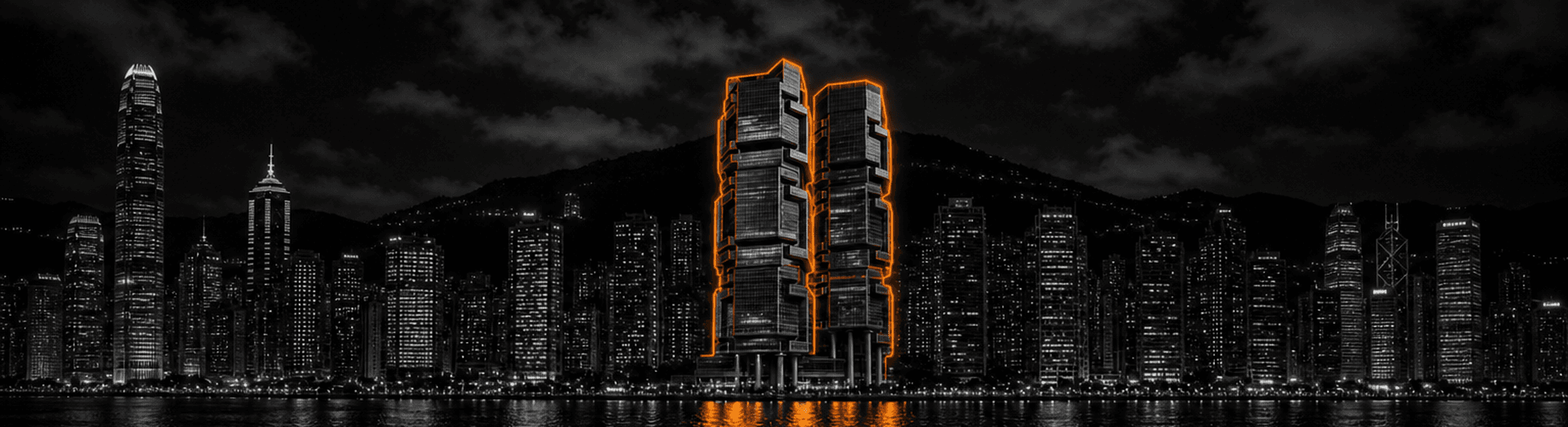 Lippo Centre twin towers on the Hong Kong skyline at night