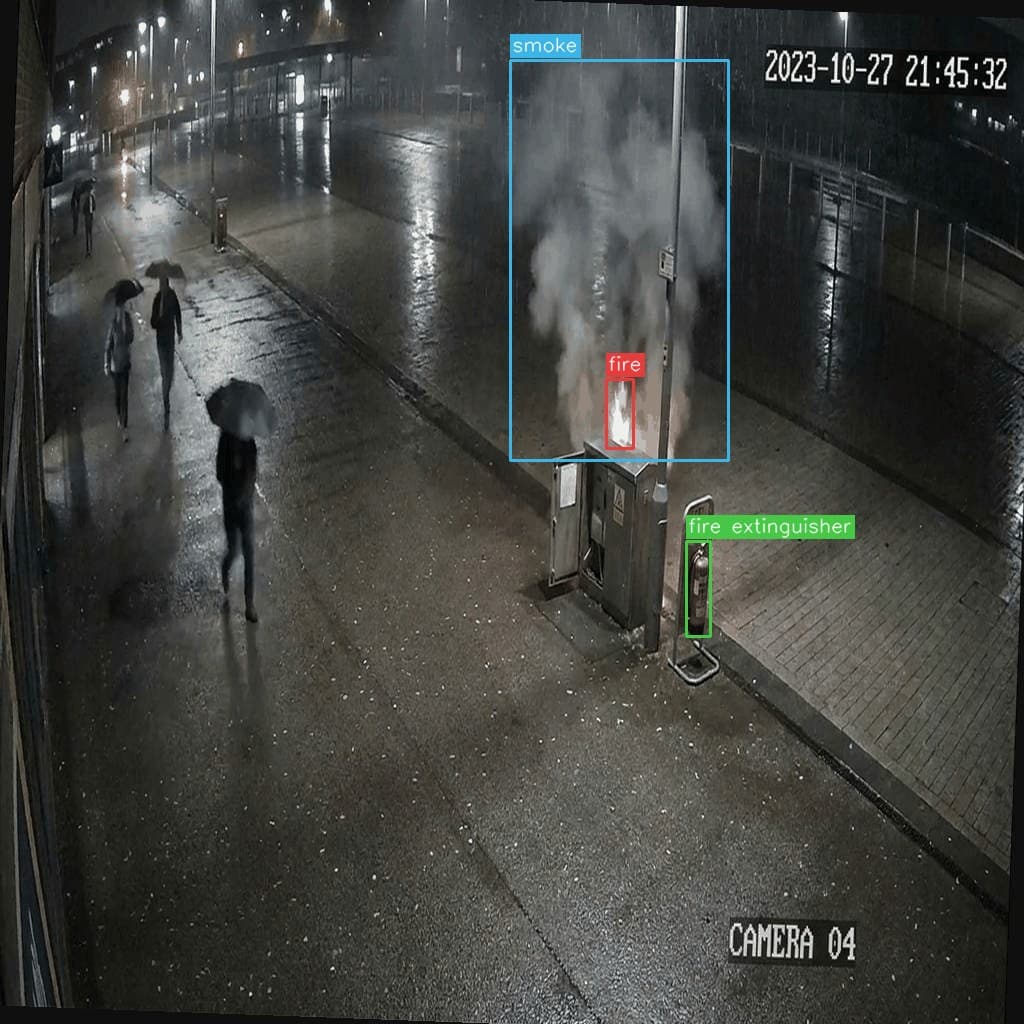 湿路面与雨伞。反光与雨水未打乱类别：柜内火焰、上升烟羽、柱上灭火器。