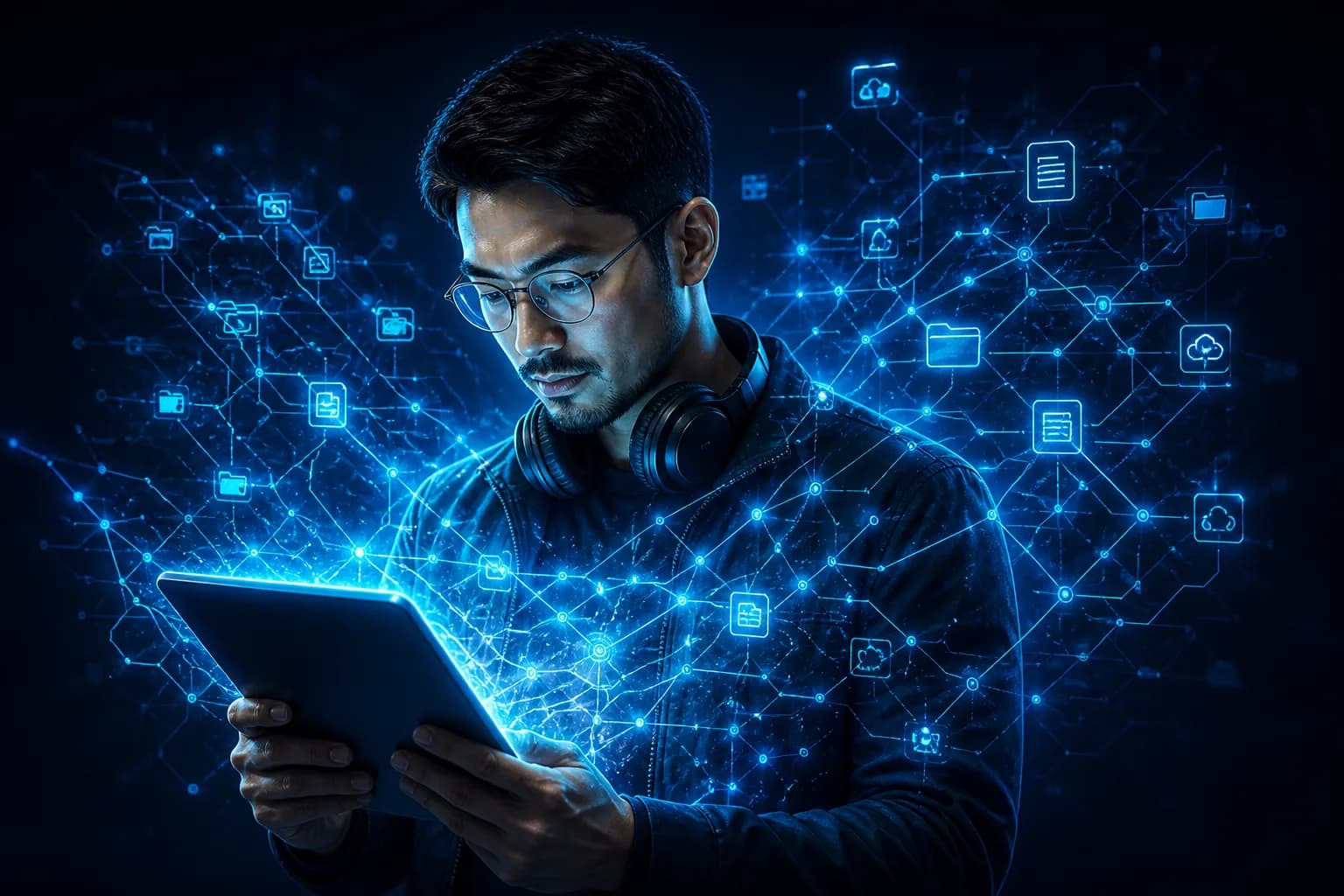 Illustration of someone using software with models inside the product