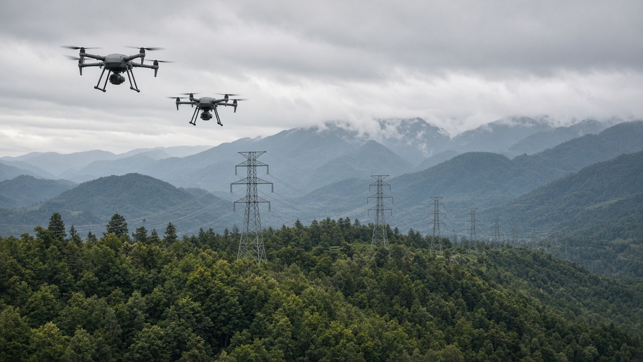 Industrial UAVs inspecting power infrastructure in the field