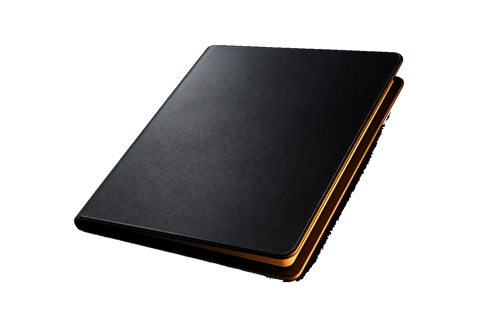 A dark folio brief with a warm orange light along the open edge