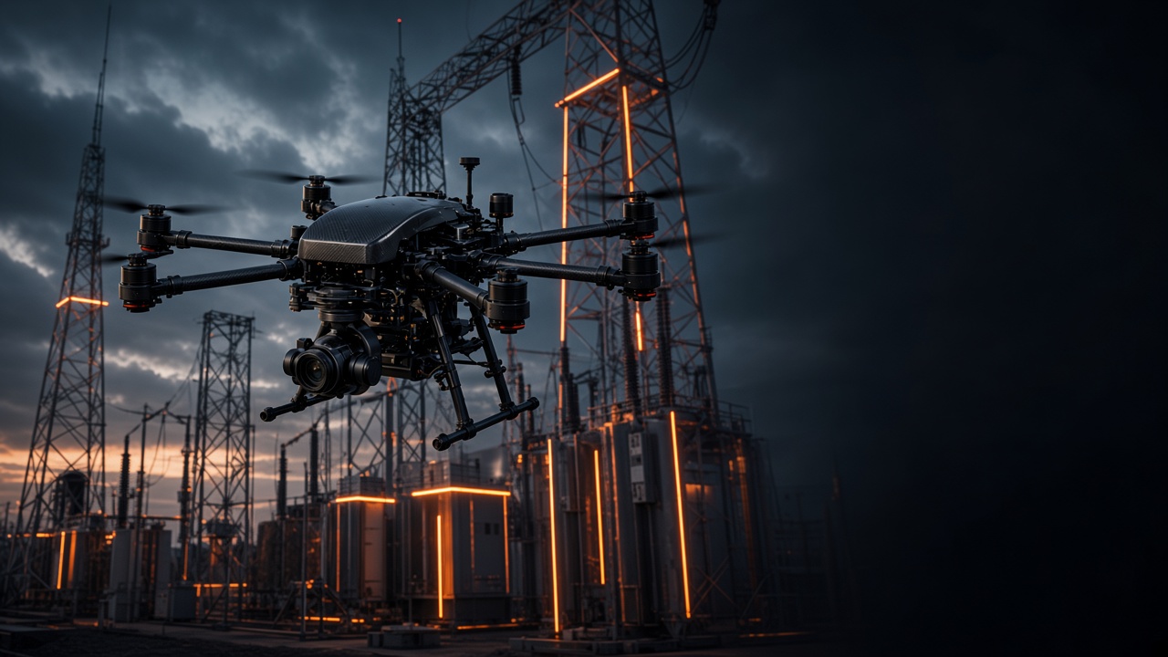 An industrial autonomous UAV inspecting electrical infrastructure at dusk